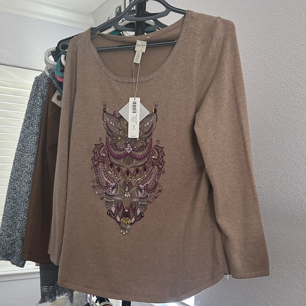 Chico's Tan Blouse with Purple Embroidery